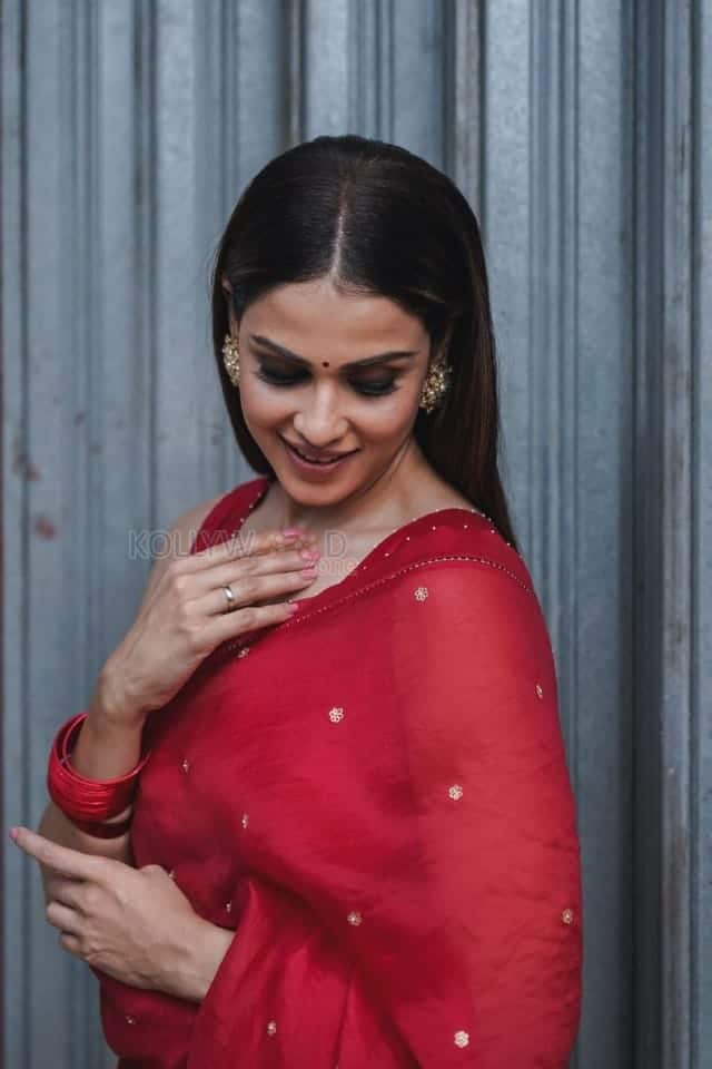 Actress Genelia Deshmukh in a Red Saree Photos 02