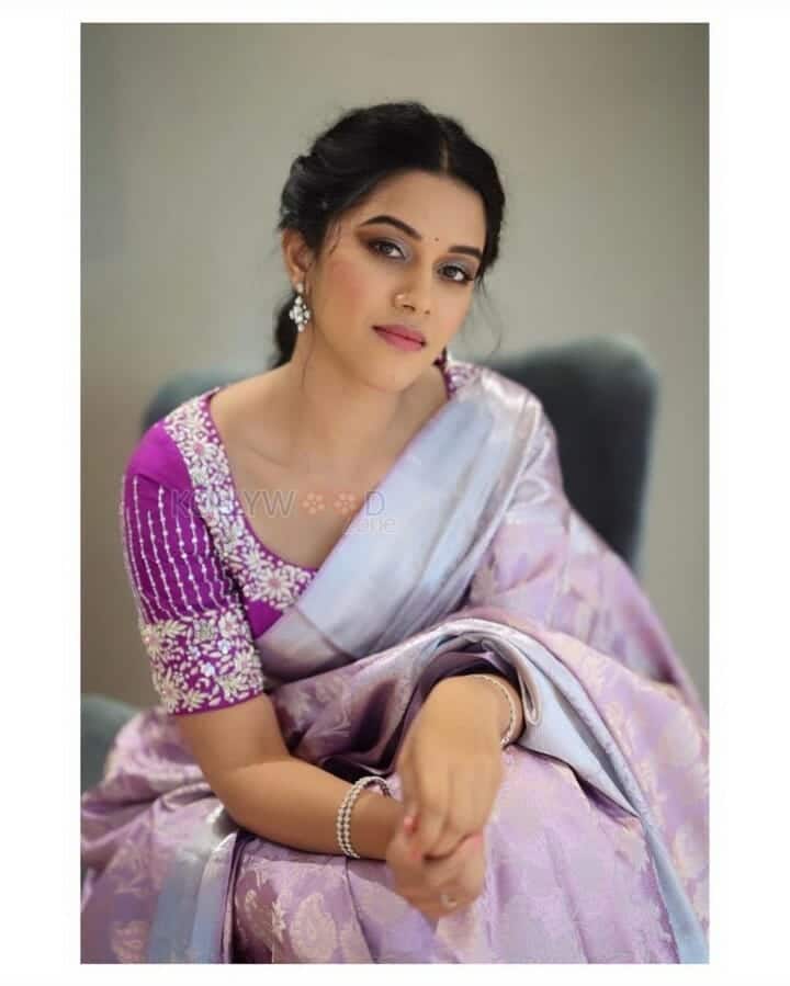 Passionate Mirnalini Ravi in Lavender Saree Photos 03