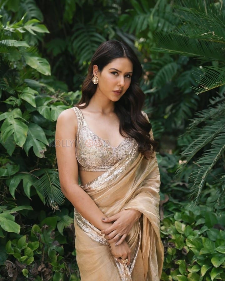 Beautiful Sonam Bajwa in a Silk Golden Saree with Gota Border and Sleeveless Blouse Photos 03