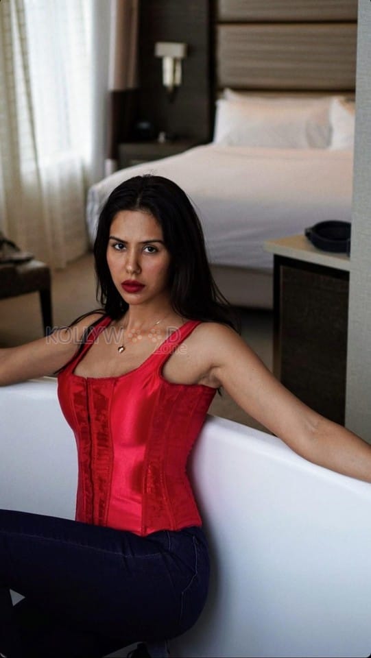 Bold Sonam Bajwa in a Red Corset Crop Top Pictures 07