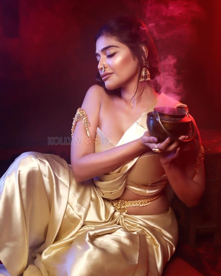 Glamorous Dharsha Gupta in a Golden Saree with Strapless Blouse Photos 06