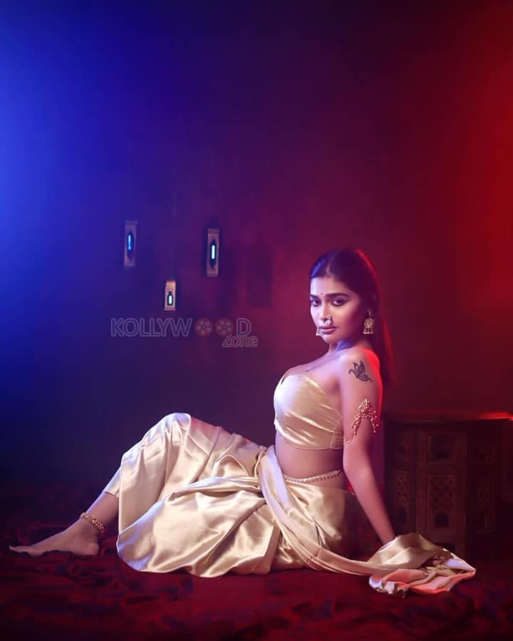 Glamorous Dharsha Gupta in a Golden Saree with Strapless Blouse Photos 07