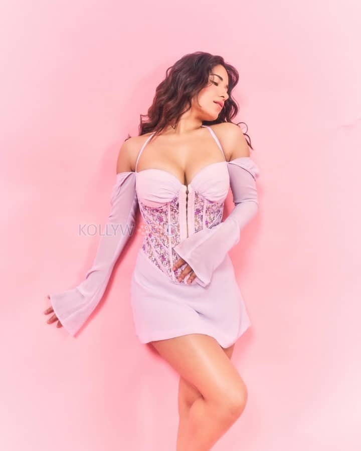 Gorgeous Ruhani Sharma in a Pink Mini Dress with a Deep Cleavage Neckline Photos 04