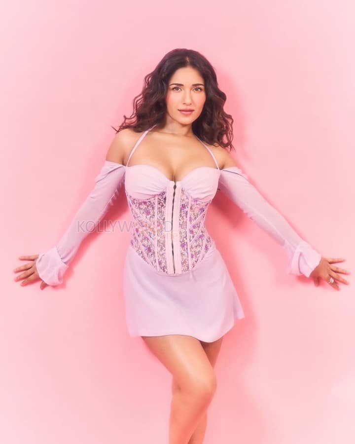 Gorgeous Ruhani Sharma in a Pink Mini Dress with a Deep Cleavage Neckline Photos 05