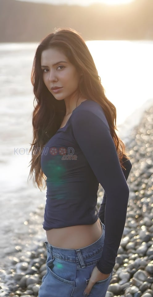Sexy Sonam Bajwa in a Long Sleeve Crop Top and Denim Pant at the Beach Photos 04