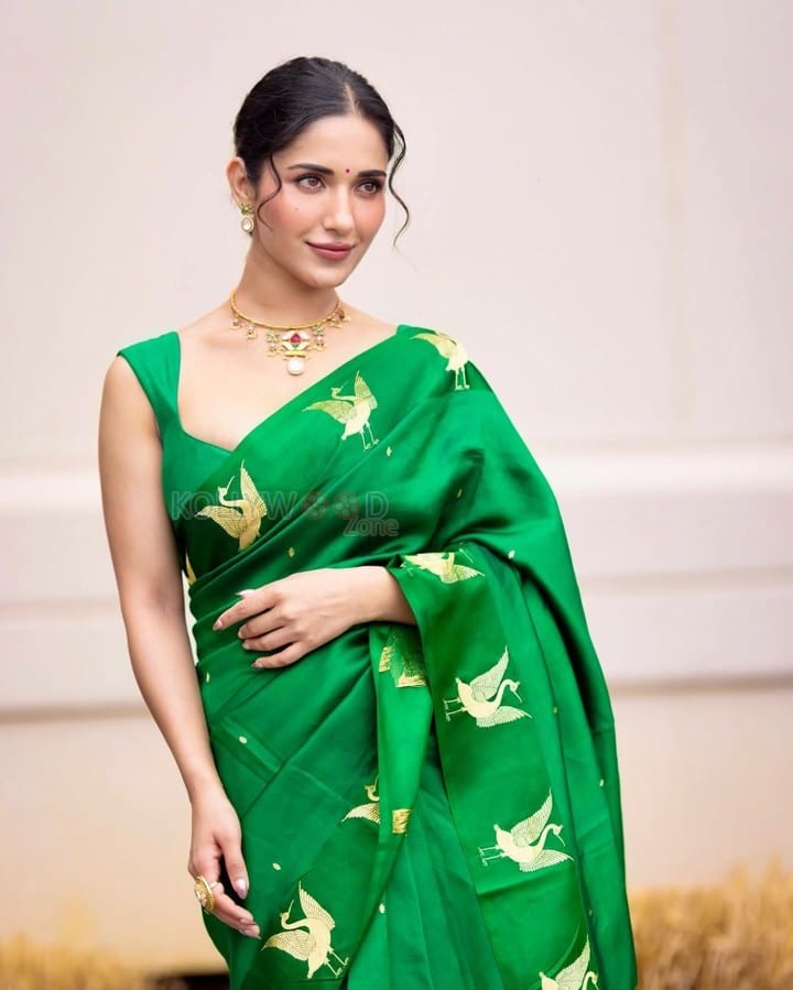 Stunning Ruhani Sharma in an Emerald Green Saree with Golden Peacock Design Photos 04