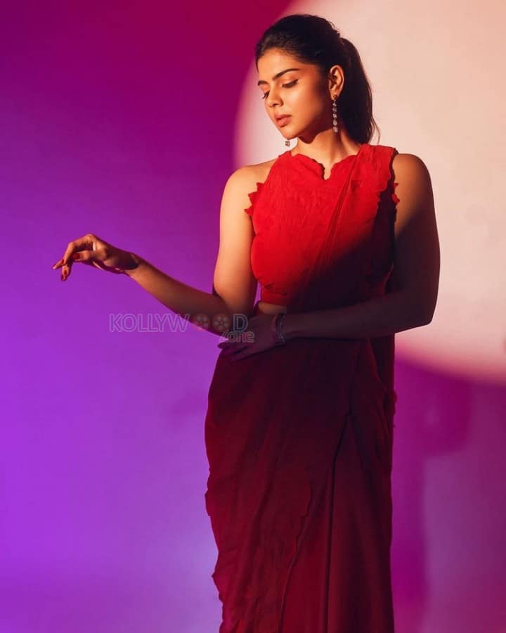 Hot Kalyani Priyadarshan in a Red Ruffle Saree with Sleeveless Blouse Photos 03