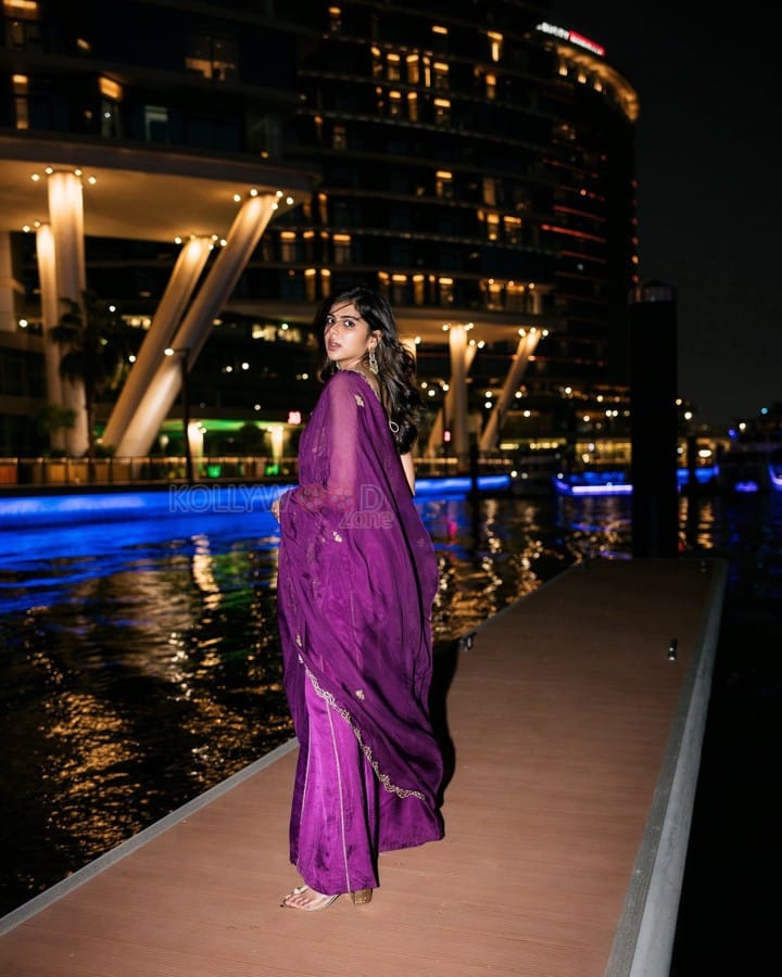 South Indian Actress Kalyani Priyadarshan in a Deep Purple Anarkali Suit Pictures 03