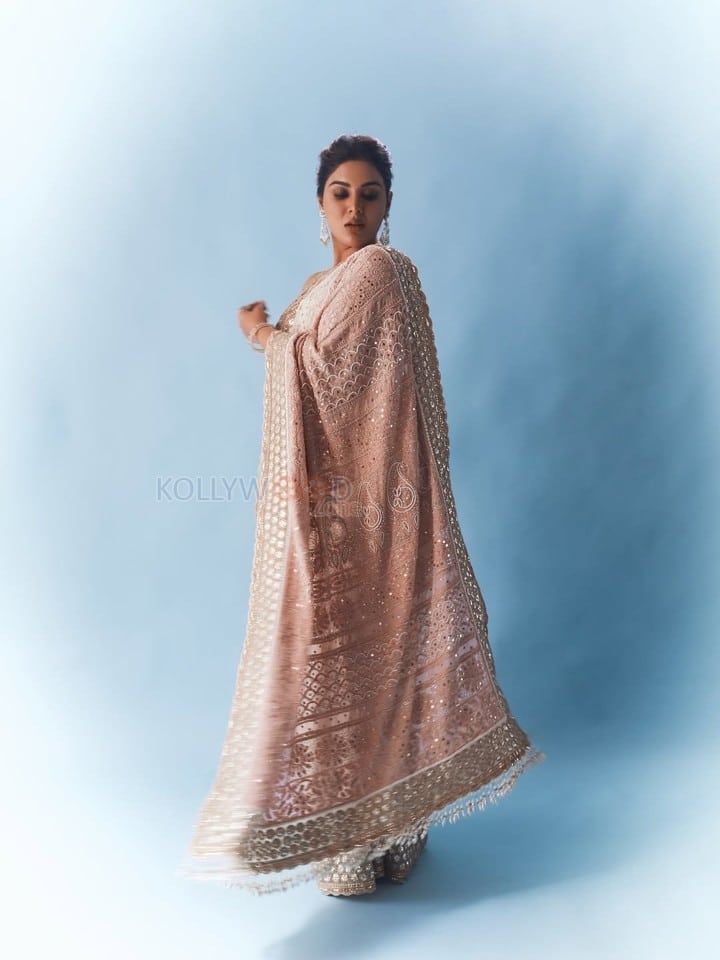Beautiful Samyuktha Menon in an Ivory Embroidered Saree with Sleeveless Blouse Photos 02