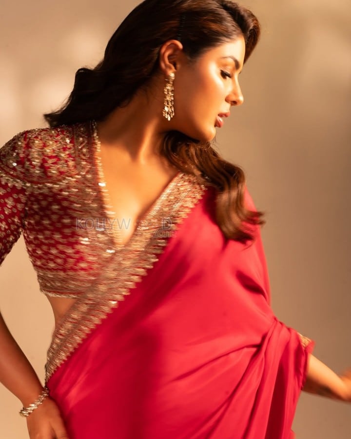 Elegant Actress Samyuktha Menon in a Designer Red Saree with Embroidered Blouse Photos 01