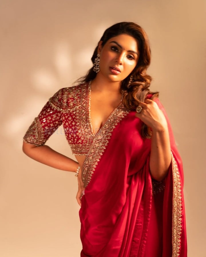Elegant Actress Samyuktha Menon in a Designer Red Saree with Embroidered Blouse Photos 02