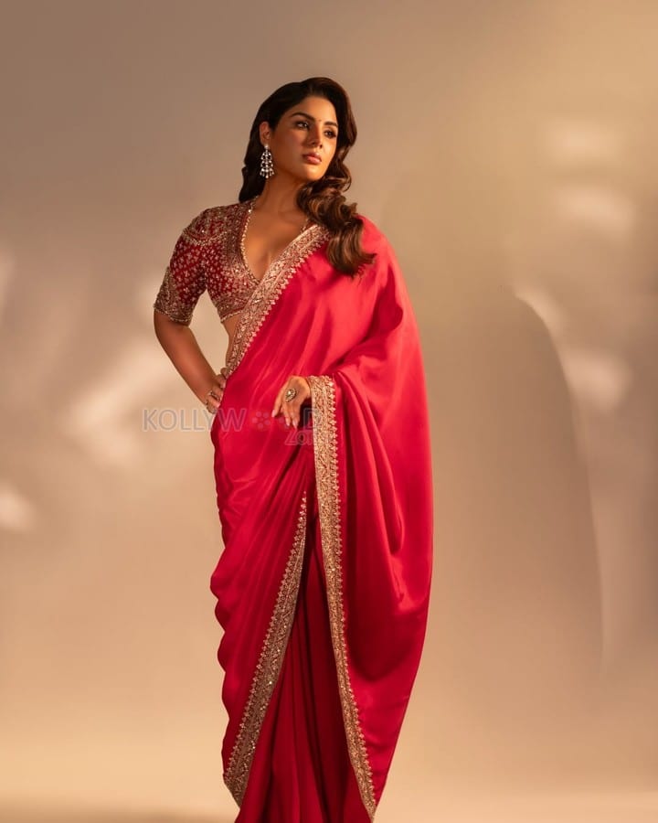 Elegant Actress Samyuktha Menon in a Designer Red Saree with Embroidered Blouse Photos 06