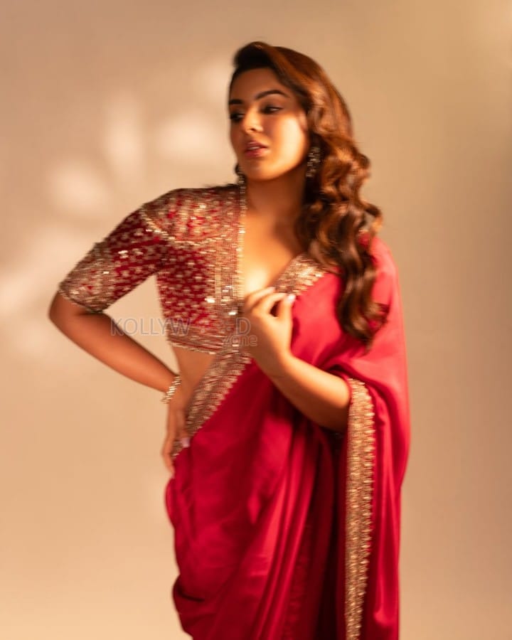 Elegant Actress Samyuktha Menon in a Designer Red Saree with Embroidered Blouse Photos 08
