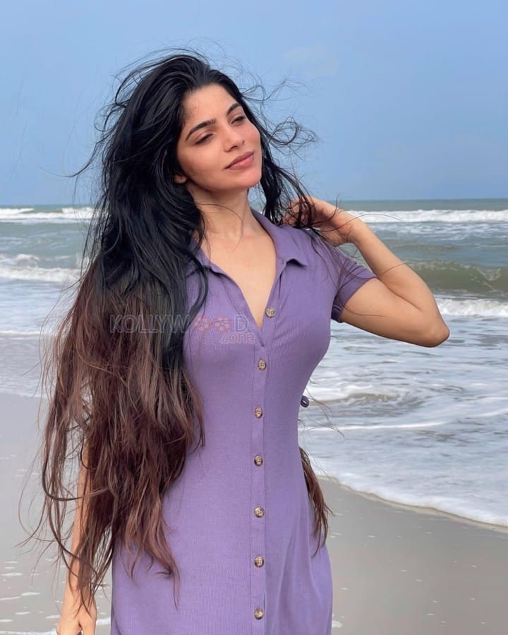 Beautiful Divya Bharathi in a Lavender Knee Length Dress at the Beach Photos 03