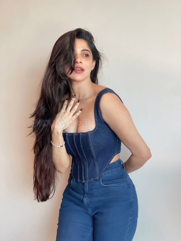 Super Sexy DivyaBharathi Cleavage in a Blue Denim Corset Sleeveless Top and Jeans Photos 02