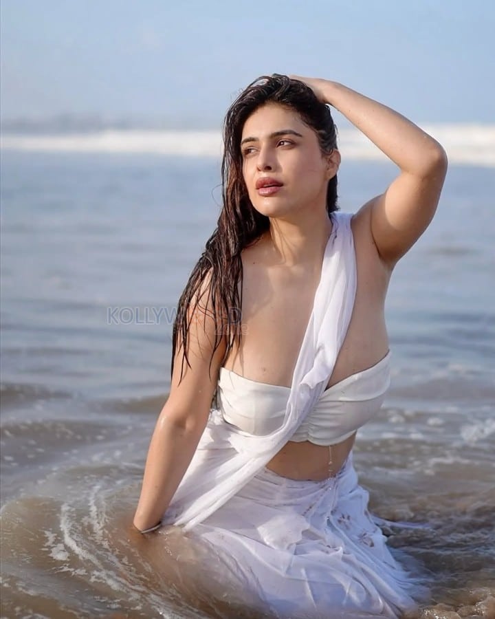 Bold Neha Malik in a White Saree at the Beach Pictures 02