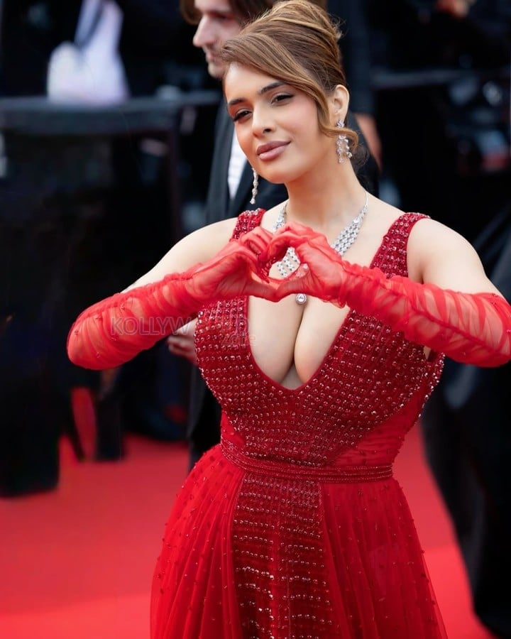 Bold and Busty Neha Malik in a Red Crystal Embellished Scarlet Gown with a Cleavage Revealing Neckline Photos 02
