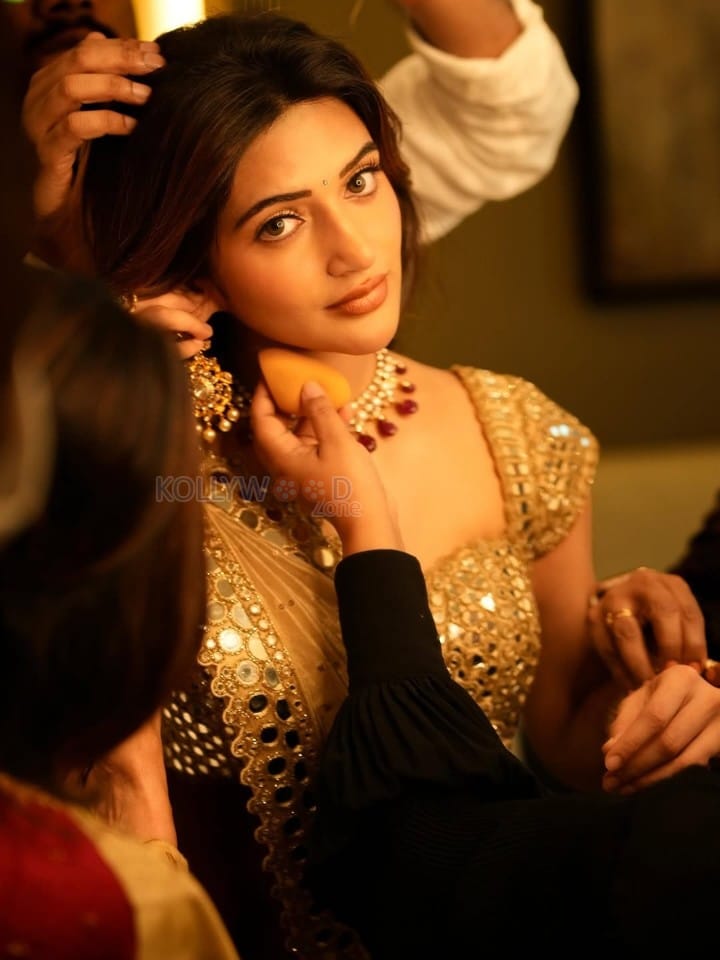 Breathtaking Sreeleela in a Golden Beige Mirror Work Saree with Matching Blouse Photos 01