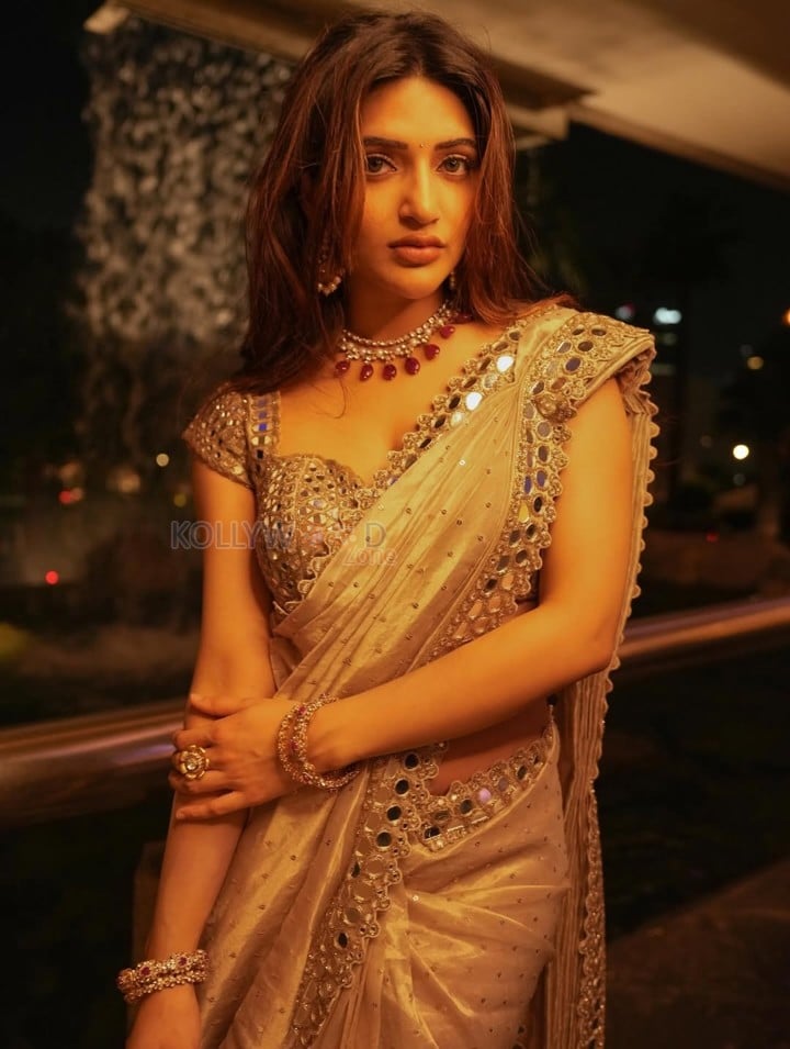 Breathtaking Sreeleela in a Golden Beige Mirror Work Saree with Matching Blouse Photos 04