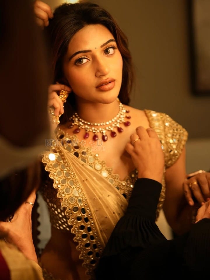 Breathtaking Sreeleela in a Golden Beige Mirror Work Saree with Matching Blouse Photos 05