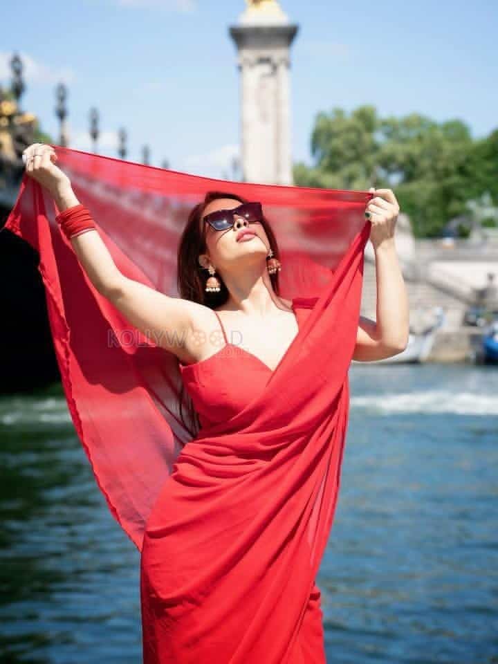 Sexy Neha Malik in a Red Saree with Matching Spaghetti Strap Sleeveless Blouse Pictures 01
