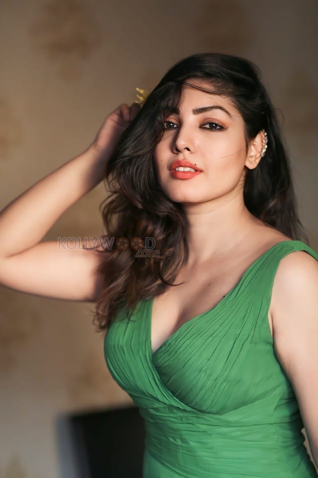 Beautiful Komal Jha in a Green V Neck Dress Photos 07