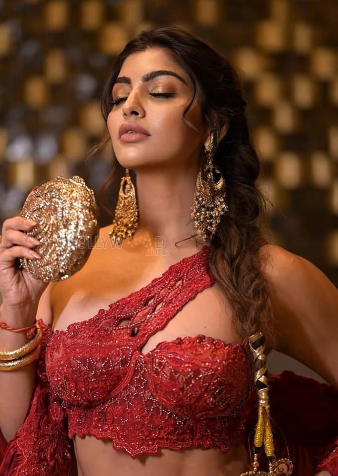Gorgeous Akanksha Puri in a Red One Shoulder Crop Top with Mermaid Skirt and Ruffle Dupatta Photos 03