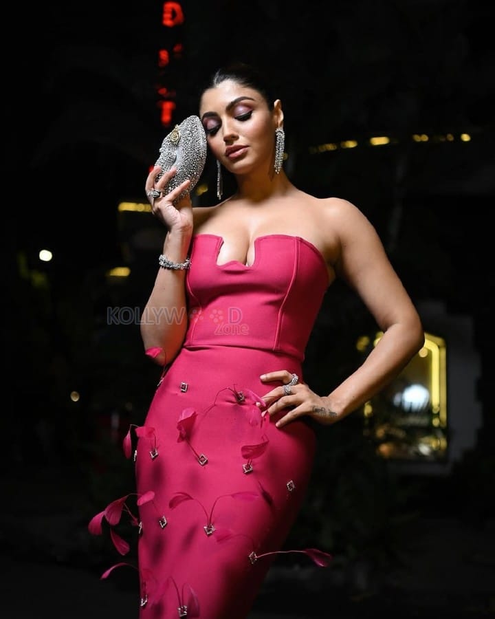 Red Hot Akanksha Puri in a Strapless Sleeveless Rose Red Feather Maxi Bandage Dress Photos 01