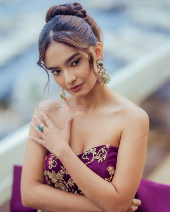 Young Beauty Anushka Sen in a Regal Wine Embroidered Strapless Gown at Cannes Film Festival Photos 01