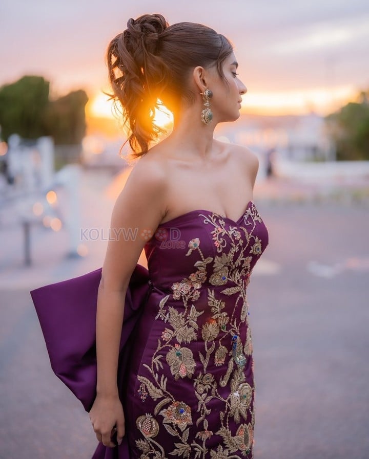 Young Beauty Anushka Sen in a Regal Wine Embroidered Strapless Gown at Cannes Film Festival Photos 08