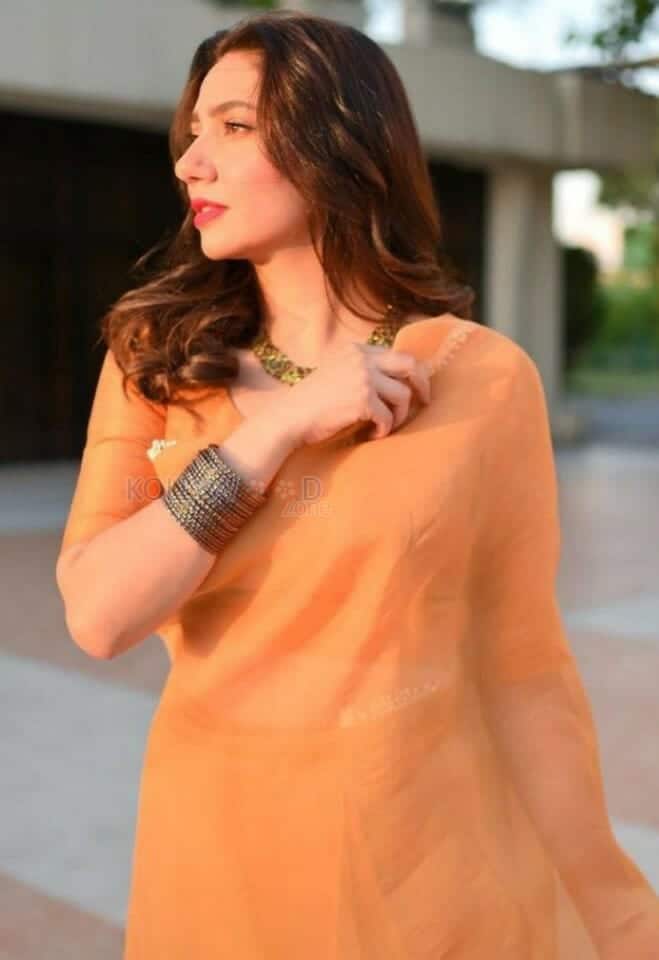 Actress Mahira Khan in Orange Saree Photos 02