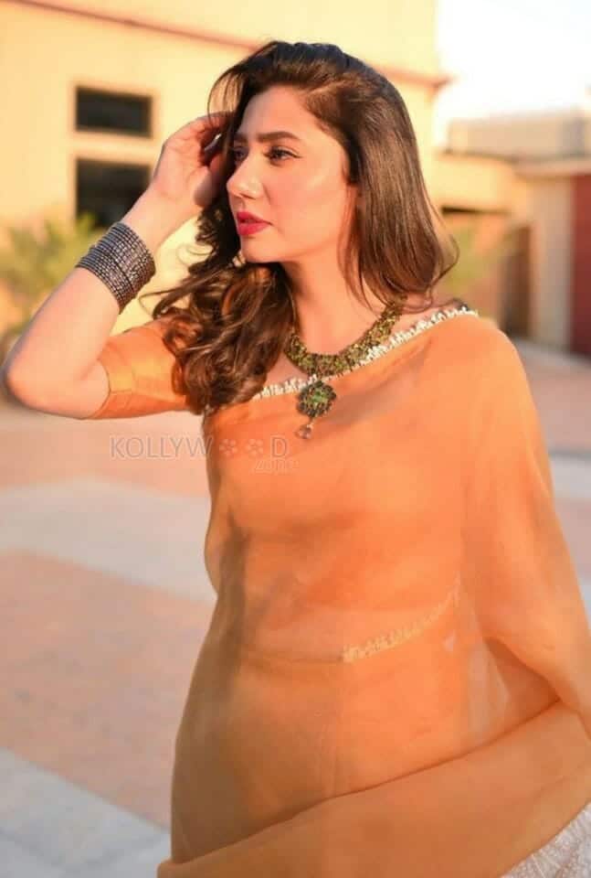 Actress Mahira Khan in Orange Saree Photos 03