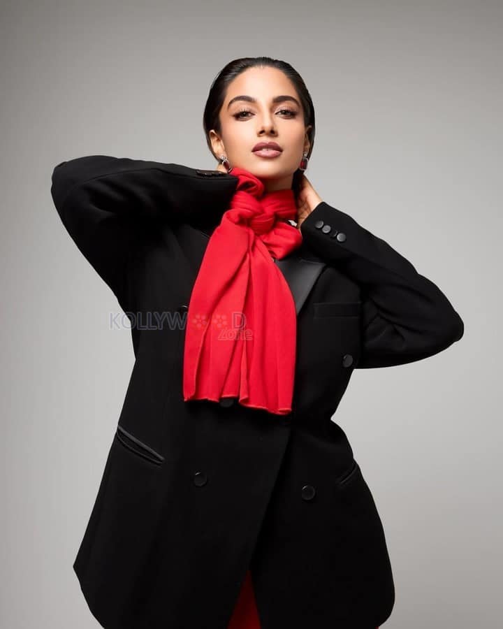 Adorable Meenakshi Chaudhary in a Black and Red Suit Photos 03