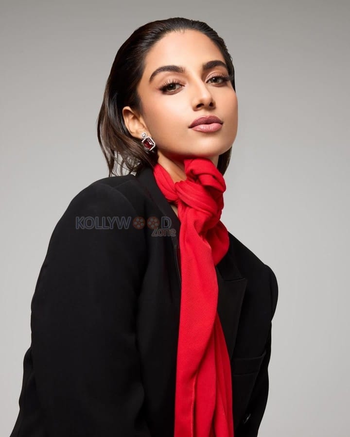 Adorable Meenakshi Chaudhary in a Black and Red Suit Photos 05