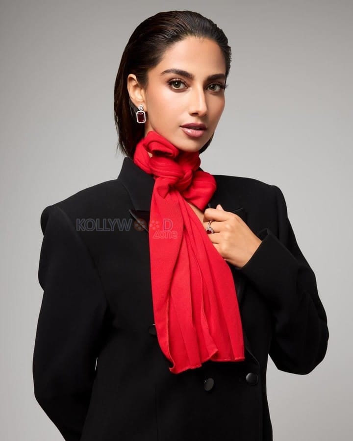 Adorable Meenakshi Chaudhary in a Black and Red Suit Photos 06