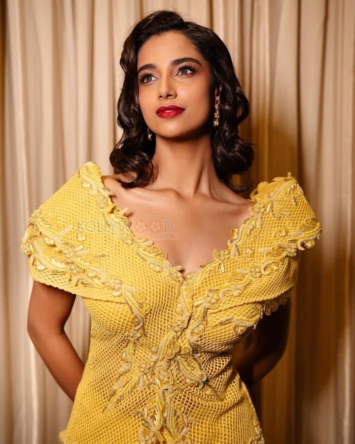 Dream Girl of South Indian Cinema Meenakshi Chaudhary in a Yellow Full Length Dress Photos 03