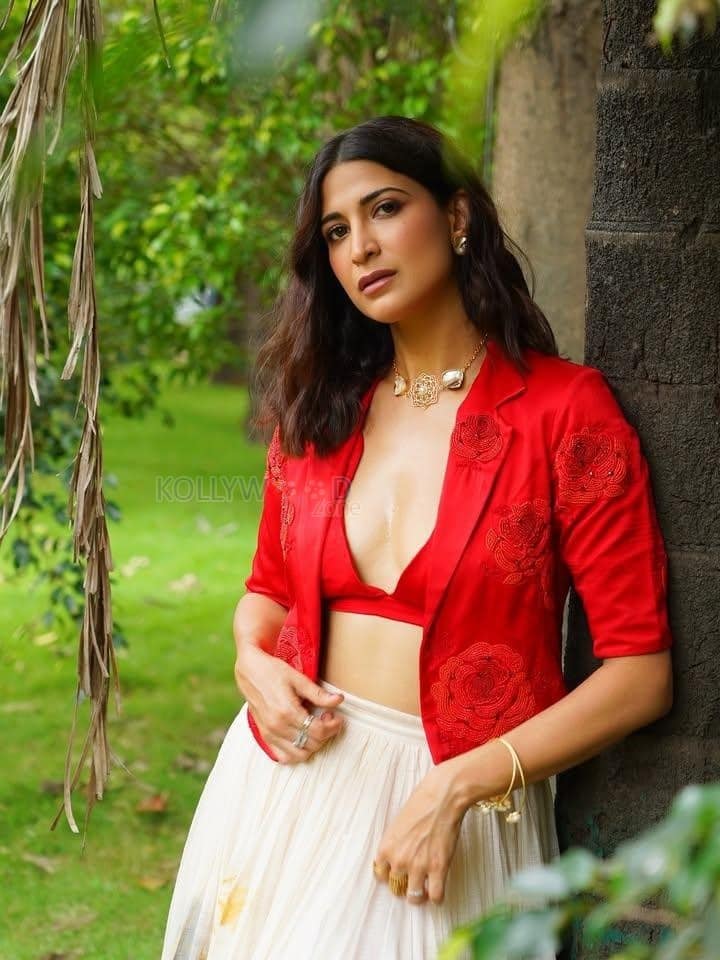 Graceful Aahana Kumra in a Red Bralette and Ivory Skirt with an Embroidered Shrug Photos 02