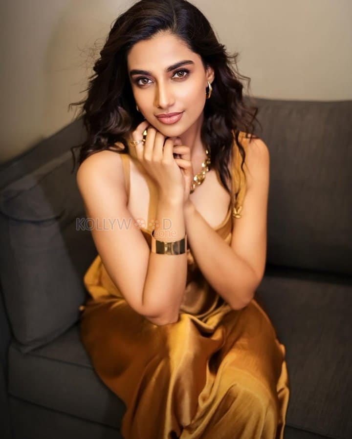 Stunning Glamour Beauty Meenakshi Chaudhary in a Golden Maxi Dress Photos 02
