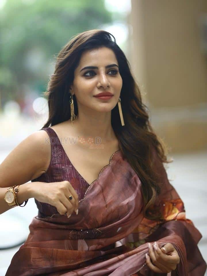 Glamorous Ashu Reddy in a Brown Floral Saree with a Sleeveless Blouse Photos 01