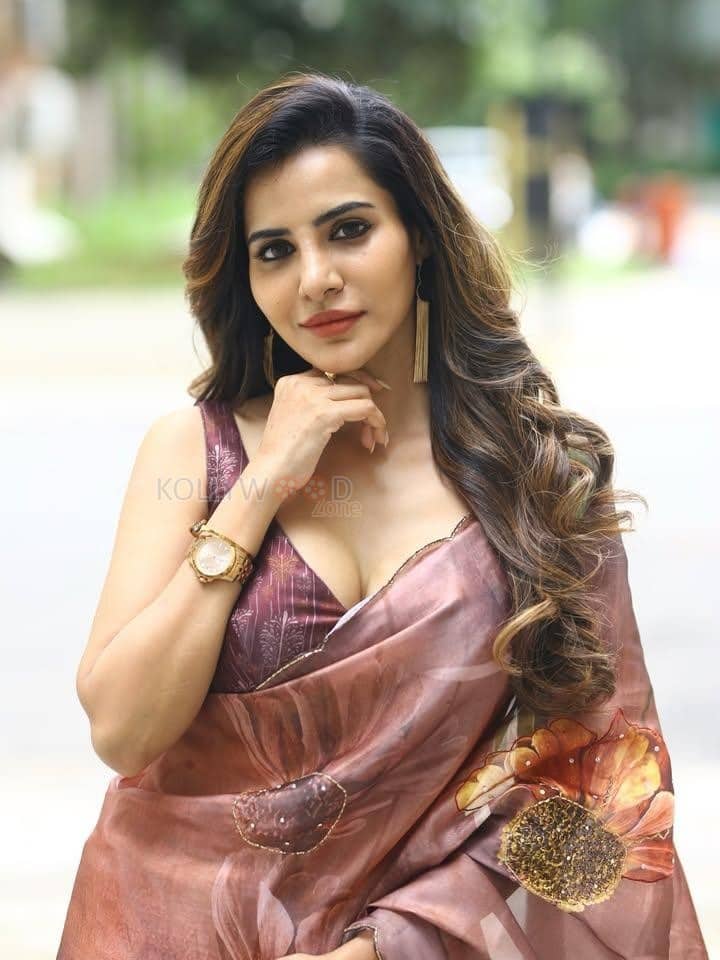 Glamorous Ashu Reddy in a Brown Floral Saree with a Sleeveless Blouse Photos 02