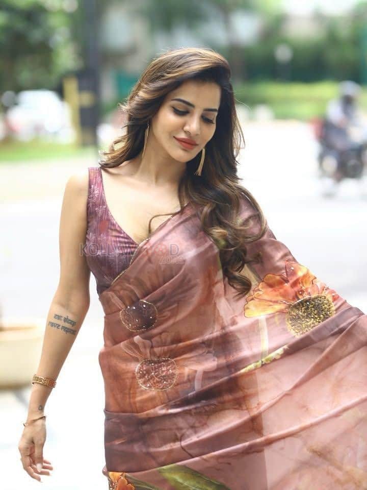 Glamorous Ashu Reddy in a Brown Floral Saree with a Sleeveless Blouse Photos 04