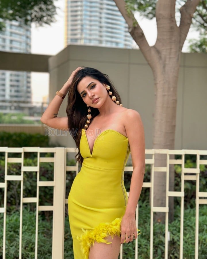 Glamourous Ashu Reddy in a Yellow Dress with Feather Border Photos 02