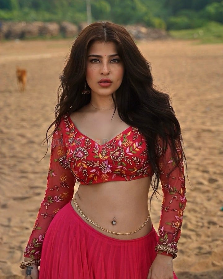 Ravanasura Actress Edin Rose in a Red Lehenga Photos 02