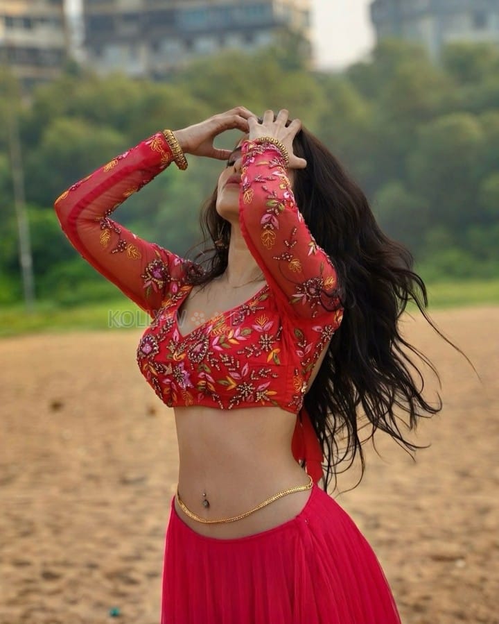Ravanasura Actress Edin Rose in a Red Lehenga Photos 04