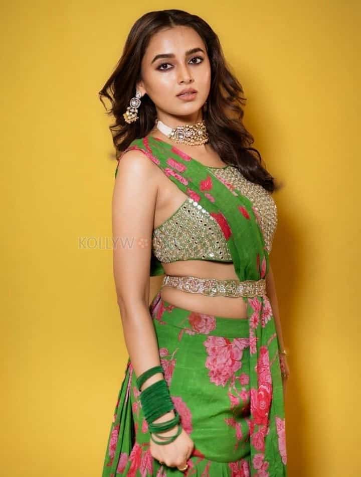 Beautiful Tejasswi Prakash in a Green Floral Lehenga Photos 01