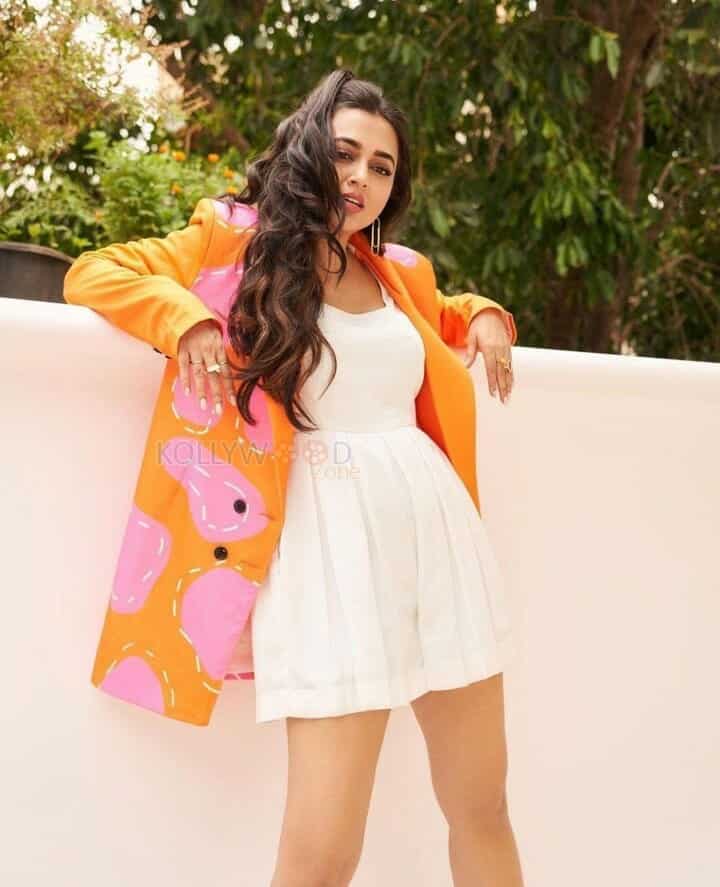 Beautiful Tejasswi Prakash in a White Dress and Orange Blazer Photoshoot Pictures 07