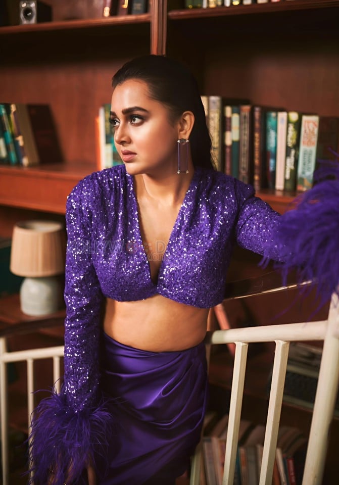 Bold Tejasswi Prakash in a Purple Sequined Shimmering Crop Top with a Satin Thigh Slit Skirt Photos 02