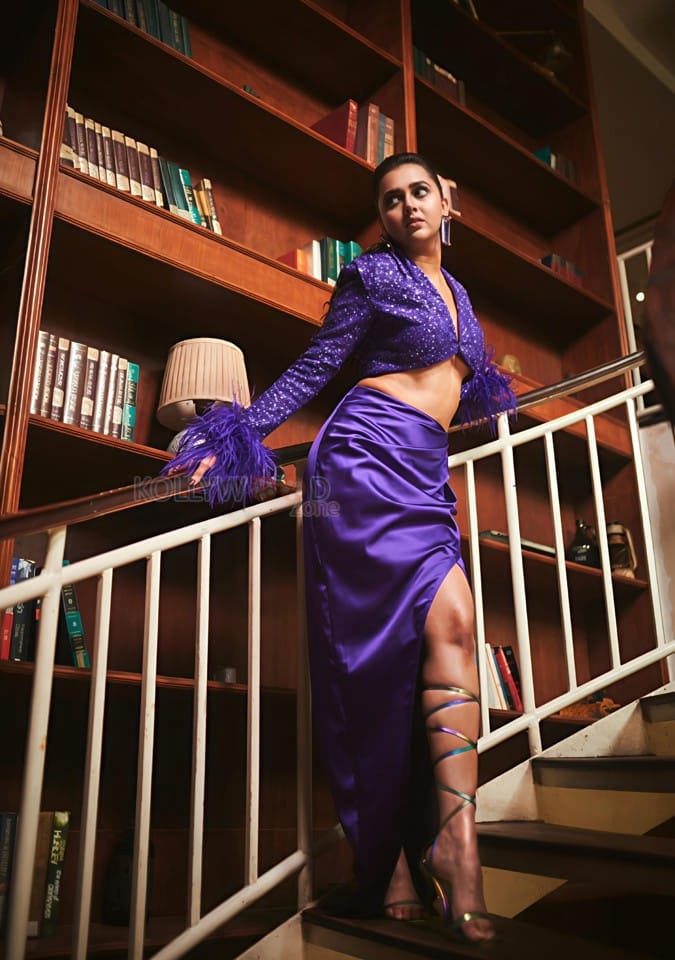Bold Tejasswi Prakash in a Purple Sequined Shimmering Crop Top with a Satin Thigh Slit Skirt Photos 03