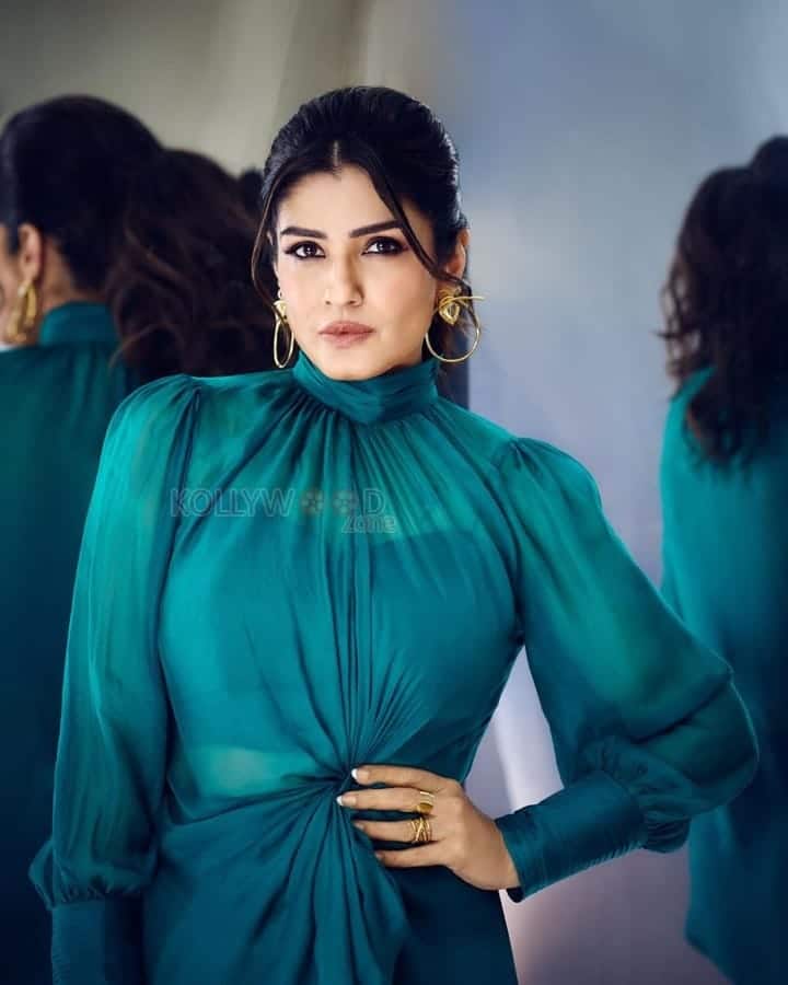 Actress Raveena Tandon in a Vintage Emerald Green Dress Pictures 01
