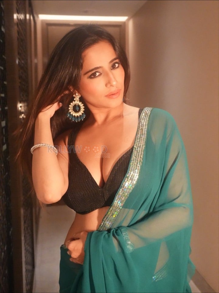 Erotic Kate Sharma Navel in a Teal Green Saree with a Black Shimmery Blouse Pictures 02